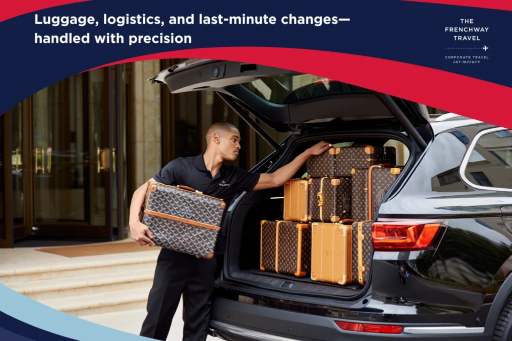 Travel coordinator loading luxury luggage for production or fashion team, highlighting on-the-ground support