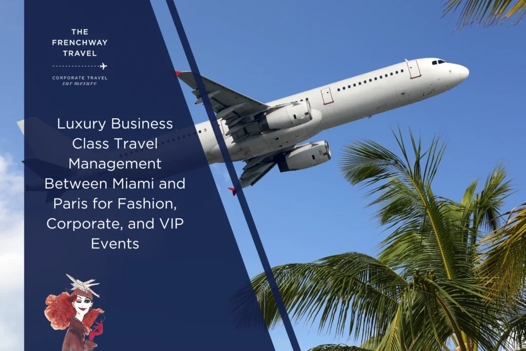 Airplane flying from Miami to Paris representing luxury business class travel for fashion and corporate clients