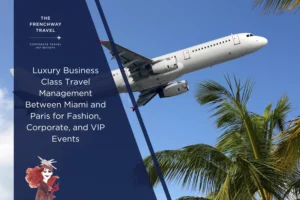 Airplane flying from Miami to Paris representing luxury business class travel for fashion and corporate clients