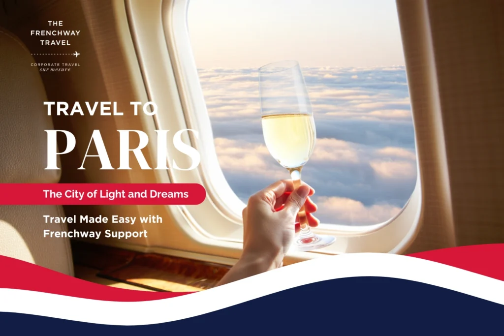Champagne glass in front of airplane window above the clouds, luxury travel experience to Paris with Frenchway