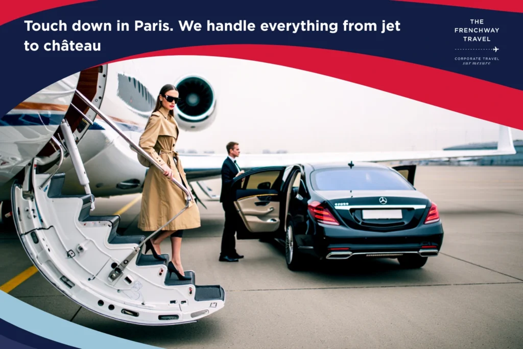 VIP traveler stepping off private jet with luxury car pickup at Paris airport, full-service arrival coordination