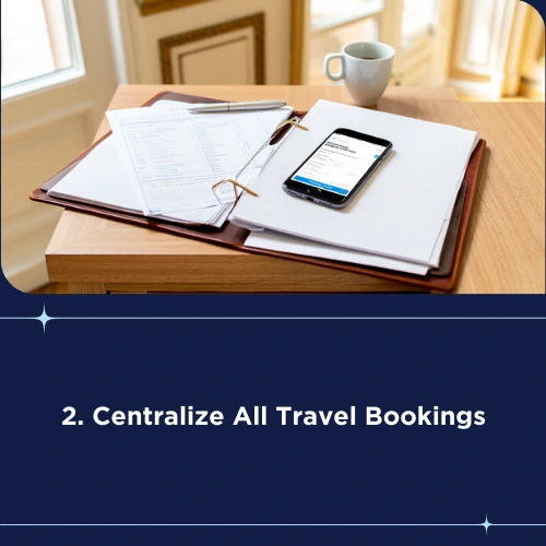 Organized business travel binder with documents and phone