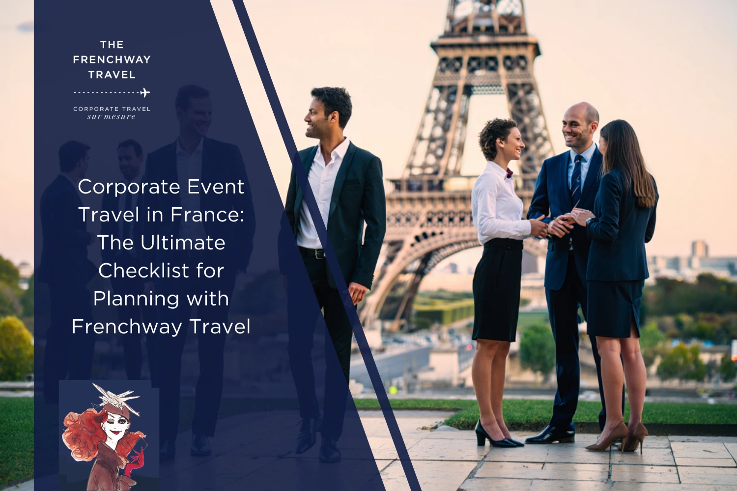 Business team networking near Eiffel Tower for corporate event in Paris