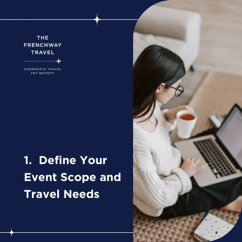 Woman planning corporate event travel with laptop and coffee