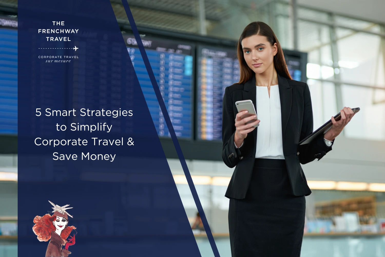 Businesswoman in airport checking phone and holding tablet in front of departure board