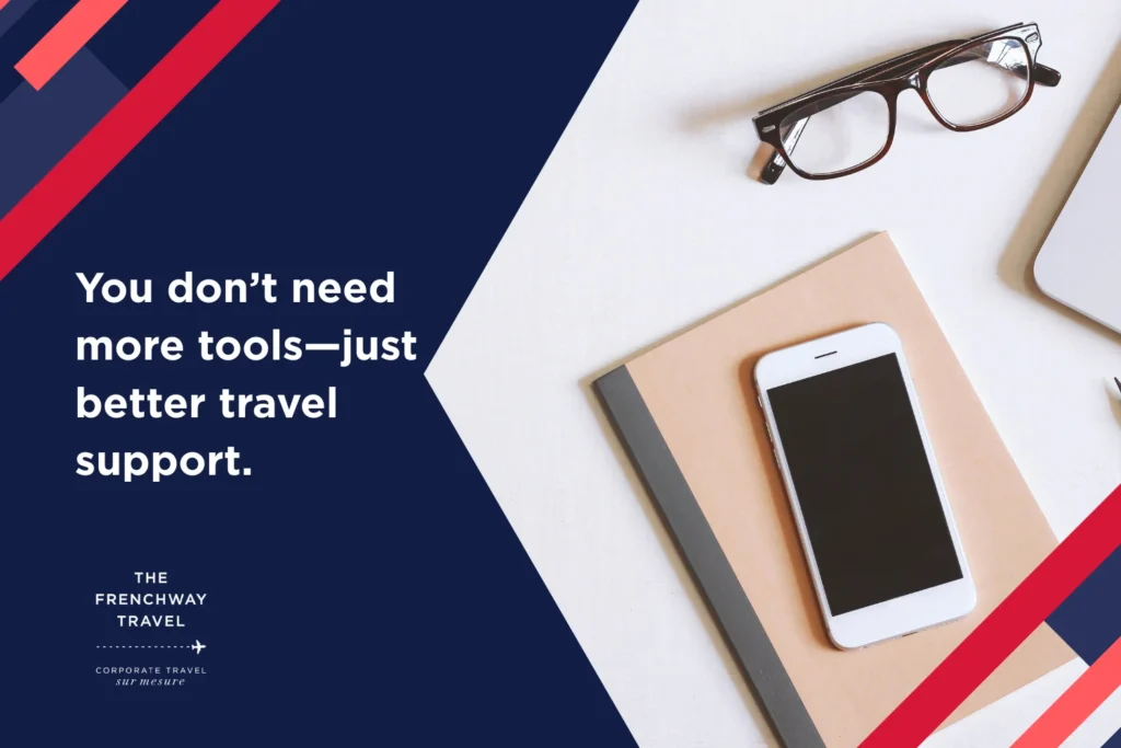 Flat lay of phone, glasses, and notebook representing streamlined corporate travel tools