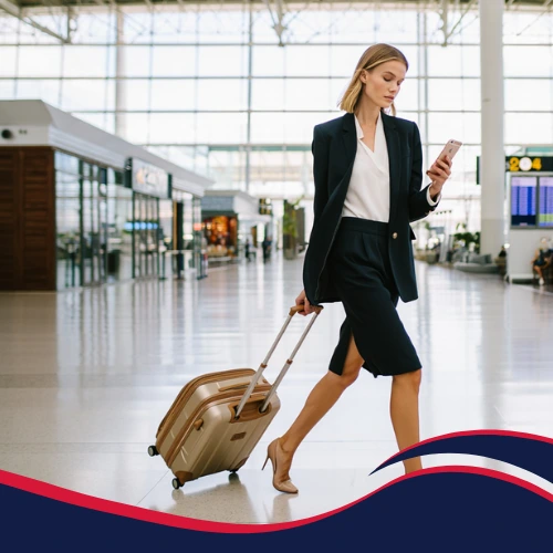 Fashion model walking confidently through airport terminal before luxury business-class flight