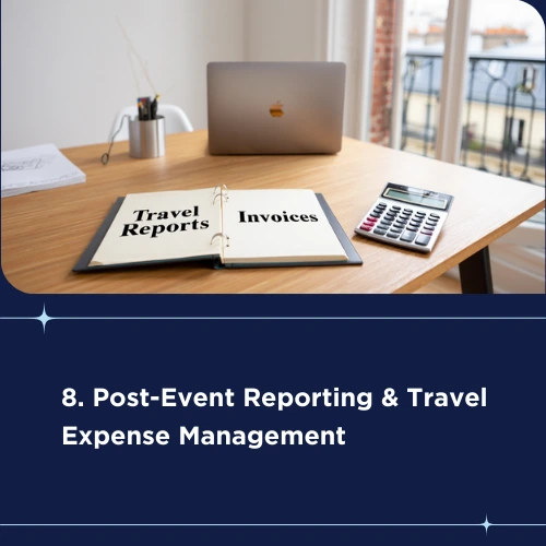 Travel expense report binder with invoices and calculator on desk in office