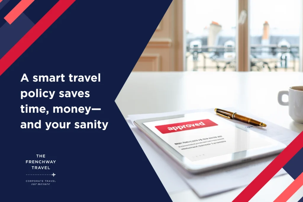 Approved business travel policy on tablet at elegant office desk with Paris view