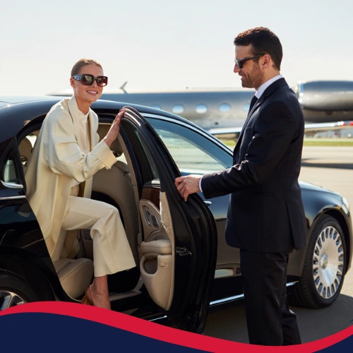 Fashion model arriving at private jet terminal with luxury black car transfer by Frenchway Travel