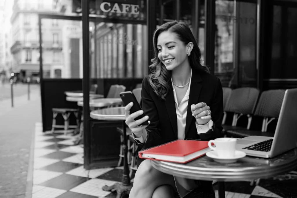 Businesswoman at Paris café with laptop and red notebook — business travel to France