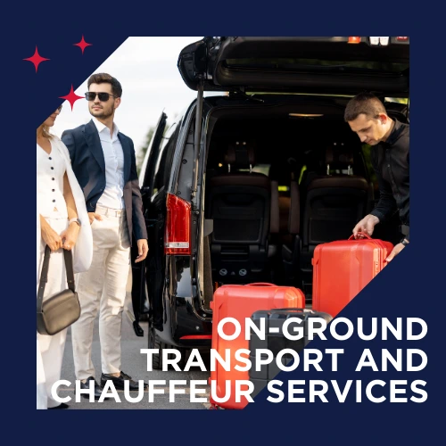 VIPs arriving with red suitcases and black car, representing luxury ground transportation.