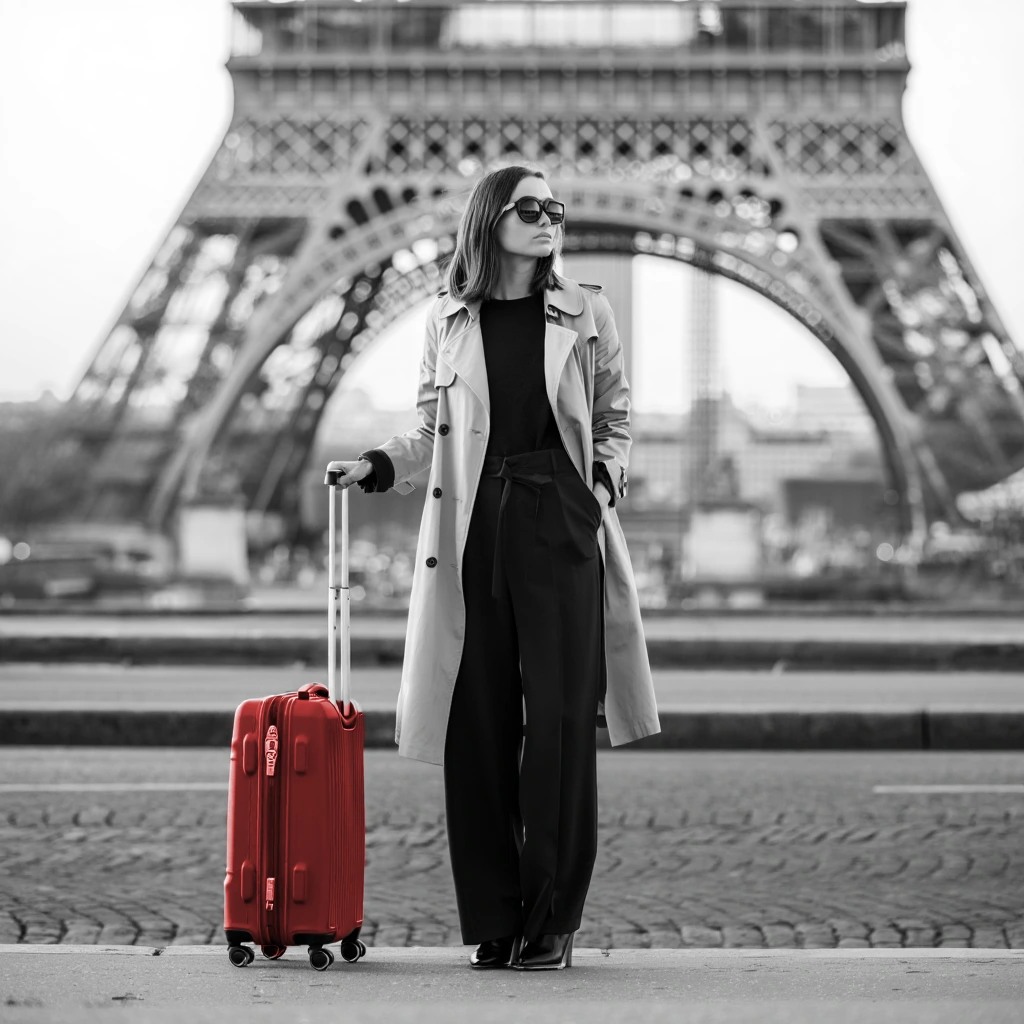 Fashion traveler with red suitcase near Eiffel Tower — corporate travel for the fashion industry