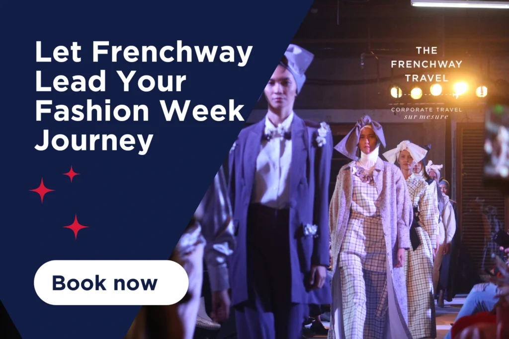 Fashion models on runway with Frenchway Travel banner promoting Fashion Week travel support.