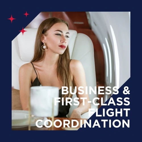 Woman flying business class, highlighting Frenchway's premium flight coordination services.