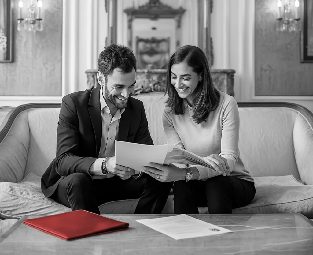 Luxury travel agent and client reviewing documents in an elegant Parisian lounge, red folder accent
