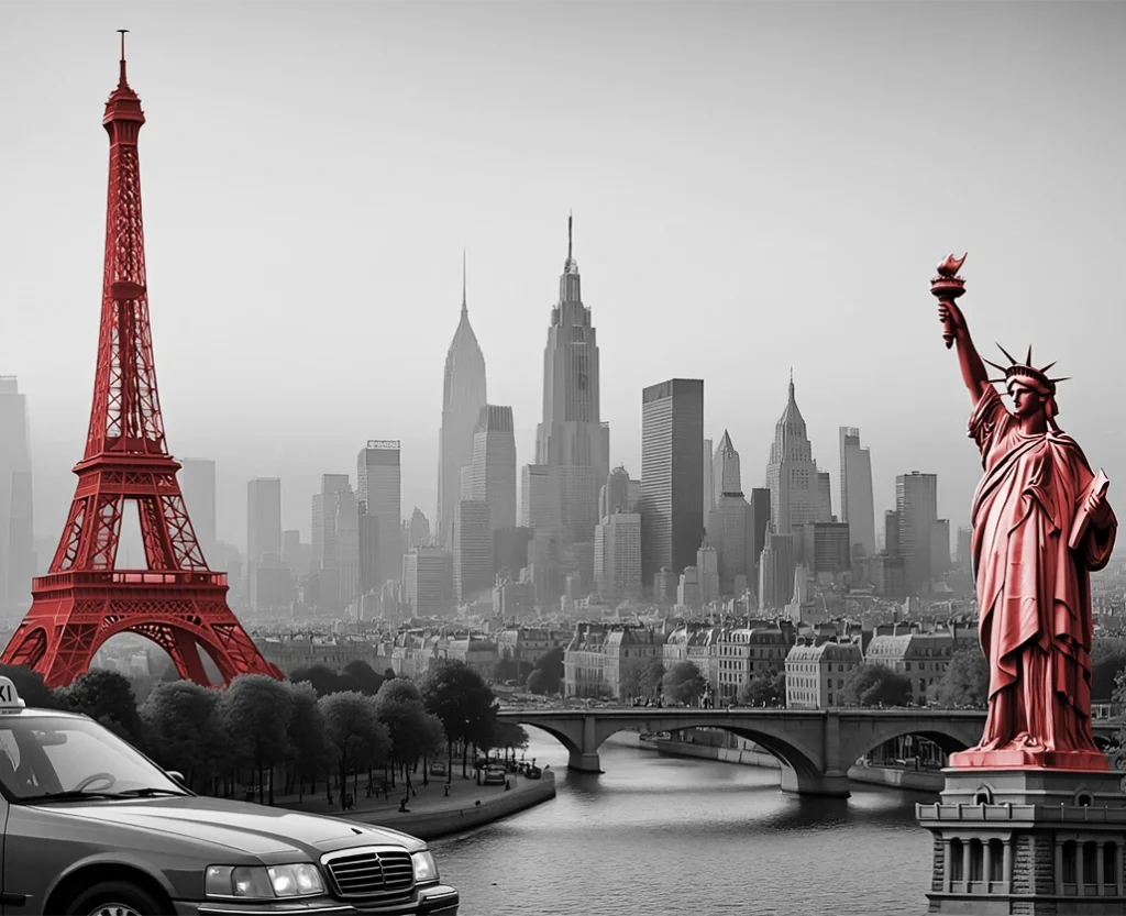 Stylized cityscape combining Paris and New York landmarks with red Eiffel Tower and Statue of Liberty