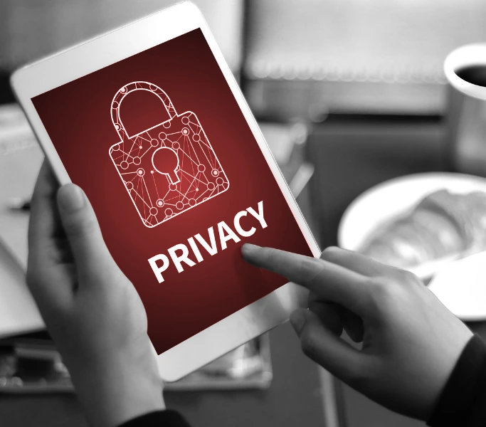 Privacy icon on tablet — data protection for high-profile travel clients