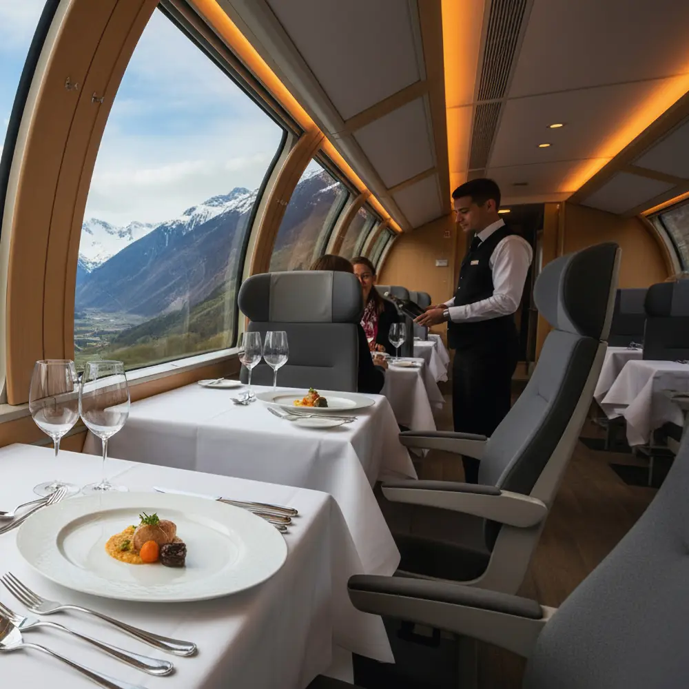 Elegant first-class train dining carriage with panoramic windows, fine table settings, and onboard service, overlooking a scenic mountain landscape.
