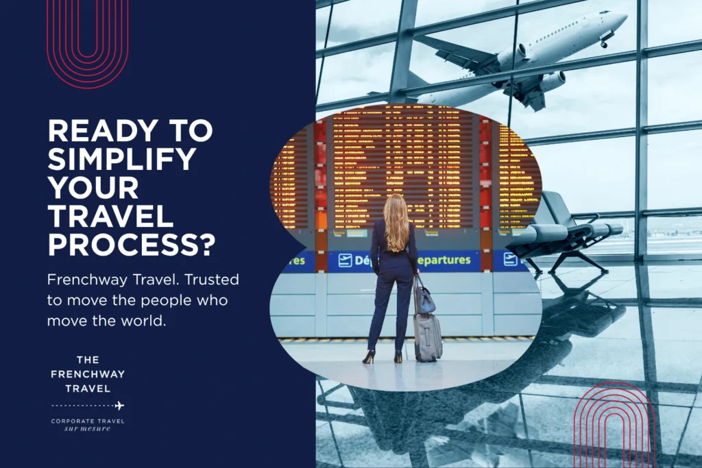 Business traveler at airport departures board representing coordinated corporate travel management