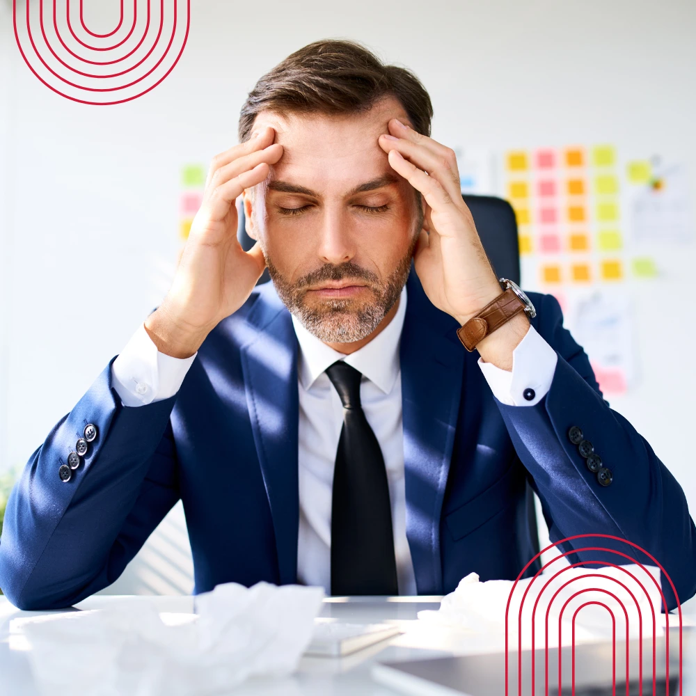 Stressed business professional dealing with travel expense management and manual financial tasks