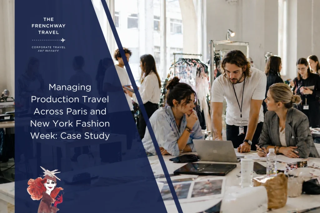 Fashion production team coordinating backstage with clothing racks and planning materials during show preparation