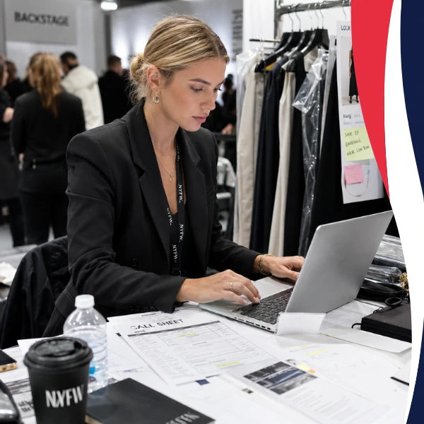 Production coordinator working on a laptop with call sheets and clothing racks backstage at Fashion Week.