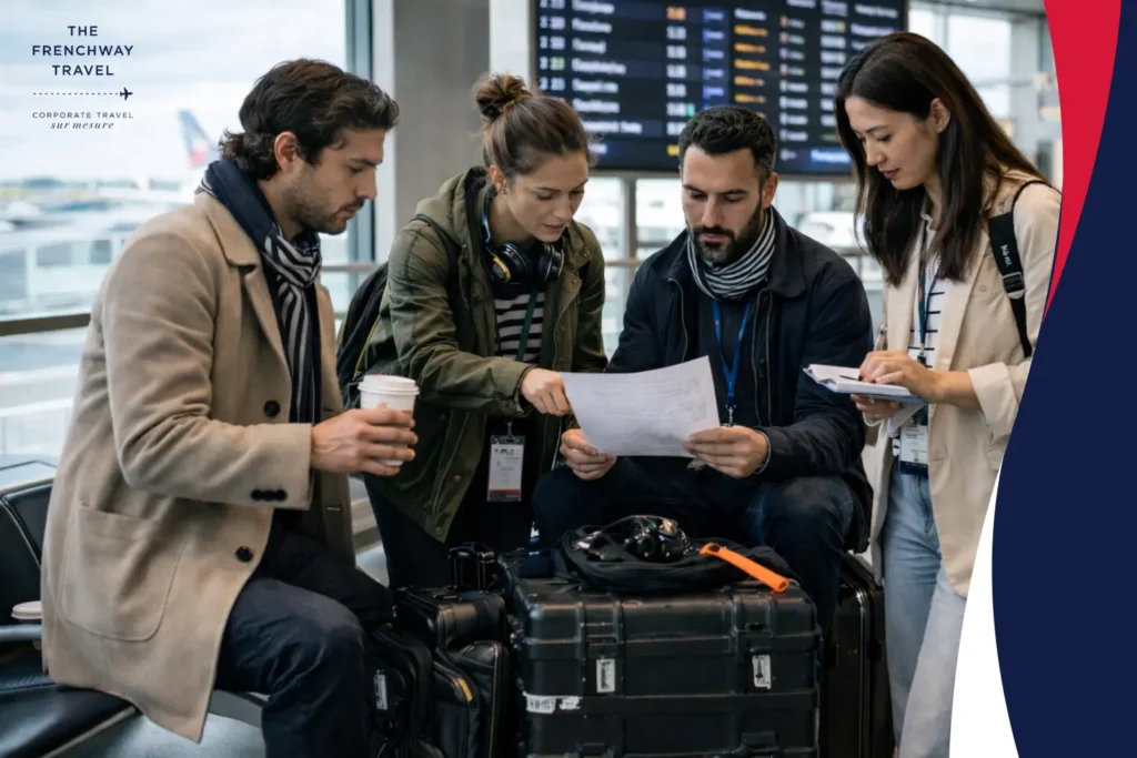 Film production team coordinating travel logistics with equipment at the airport in a European setting