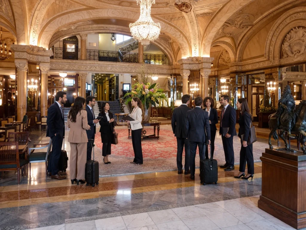 Group of business travelers gathered in a luxury hotel lobby, coordinating group accommodations and travel arrangements in an elegant setting.