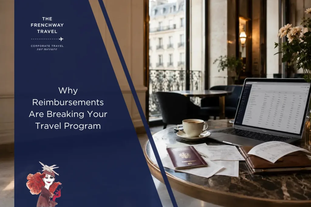 Paris café workspace with laptop, receipts, passport, and coffee for corporate travel expense management.