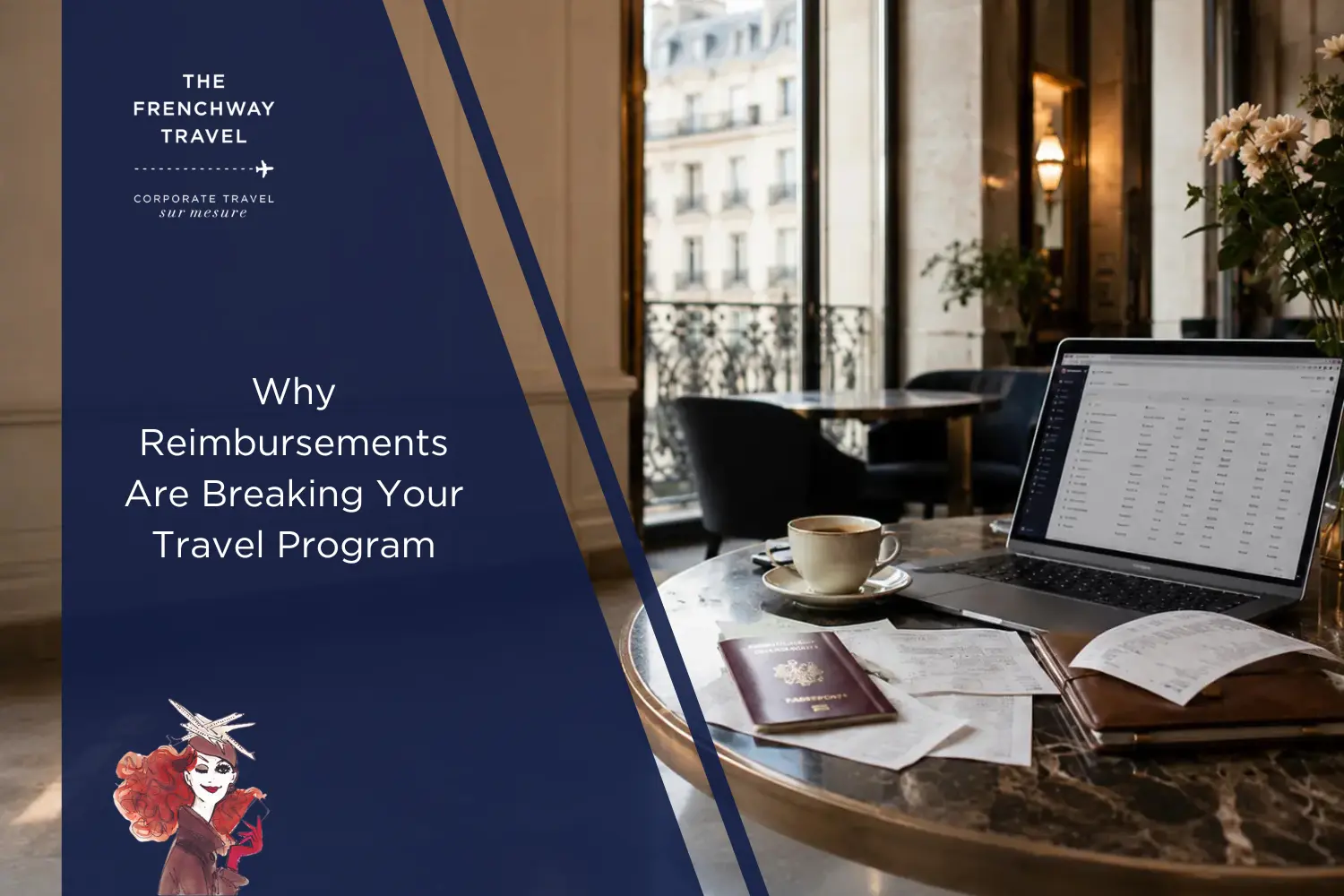 Paris café workspace with laptop, receipts, passport, and coffee for corporate travel expense management.