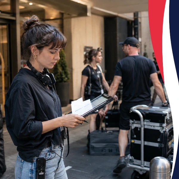 Production coordinator managing crew schedules and equipment loading outside a hotel during an onsite production travel setup.