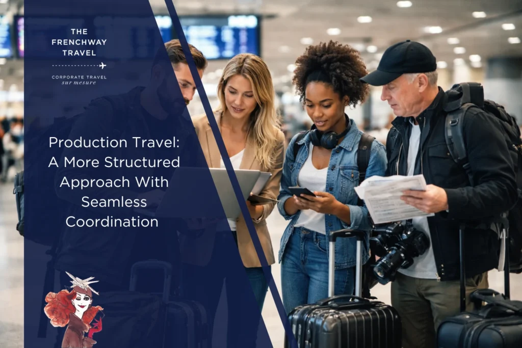 Production travel team coordinating schedules and logistics at the airport with equipment and luggage