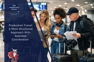 Production travel team coordinating schedules and logistics at the airport with equipment and luggage