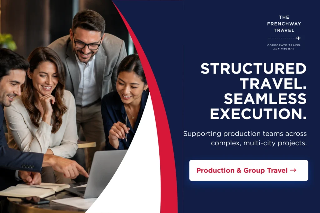 Frenchway Travel banner showing a professional team planning production and group travel, with the message “Structured Travel. Seamless Execution.”