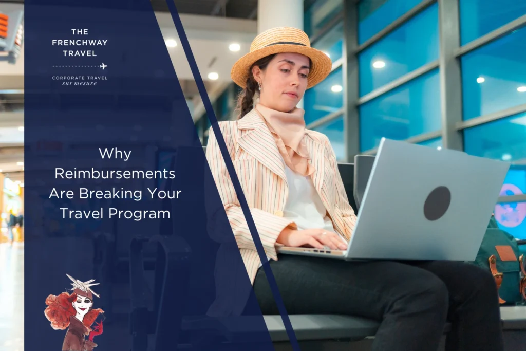 Business traveler working on laptop at airport representing corporate travel and reimbursement-based systems