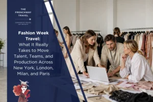 Fashion Week production team coordinating schedules backstage with clothing racks, laptop, and planning materials.