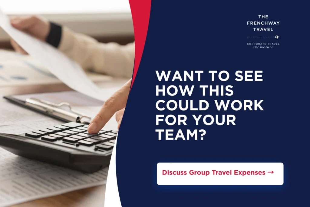 Frenchway Travel call-to-action banner for group travel expense management with calculator, financial documents, and branded CTA.