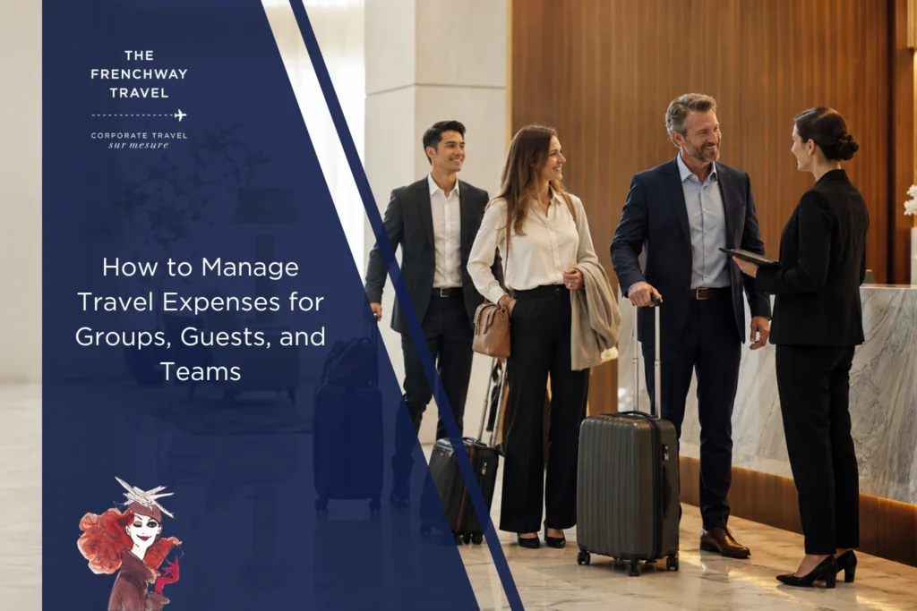 Corporate guests checking in at a hotel reception with luggage for group travel expense management.