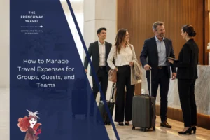 Corporate guests checking in at a hotel reception with luggage for group travel expense management.