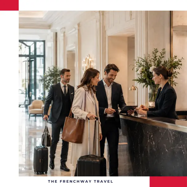 Corporate guests checking in at a hotel reception with luggage for Frenchway group travel expense management.