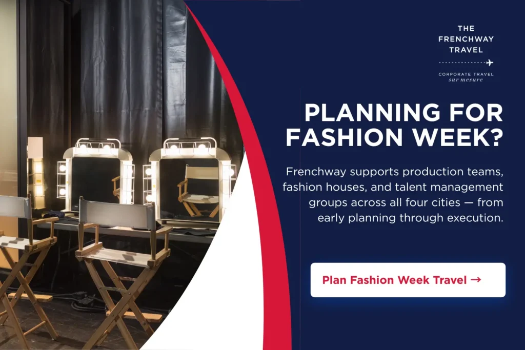 Fashion Week travel planning call-to-action banner with backstage makeup chairs and Frenchway Travel branding.