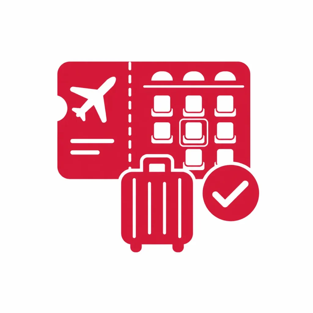 Red flight planning icon with a boarding pass, seat map, suitcase, and checkmark, representing coordinated seat selection, group bookings, and baggage preparation.