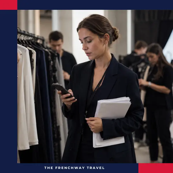 Fashion Week production coordinator backstage checking a smartphone while holding call sheets beside a clothing rack, with a small team preparing in the background.