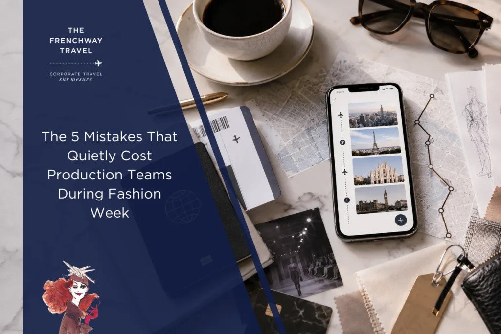 Editorial cover image for a Frenchway Travel article about common Fashion Week production travel mistakes, showing a luxury travel planning flat lay with smartphone itinerary, city maps, coffee, fashion sketches, fabric swatches, and travel documents.