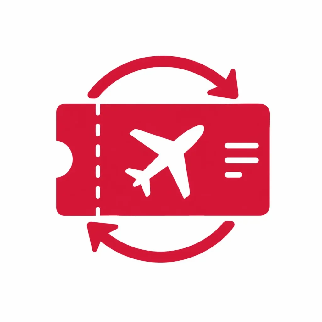 Red travel flexibility icon showing an airplane ticket with circular arrows, representing adjustable bookings and flexible travel planning.