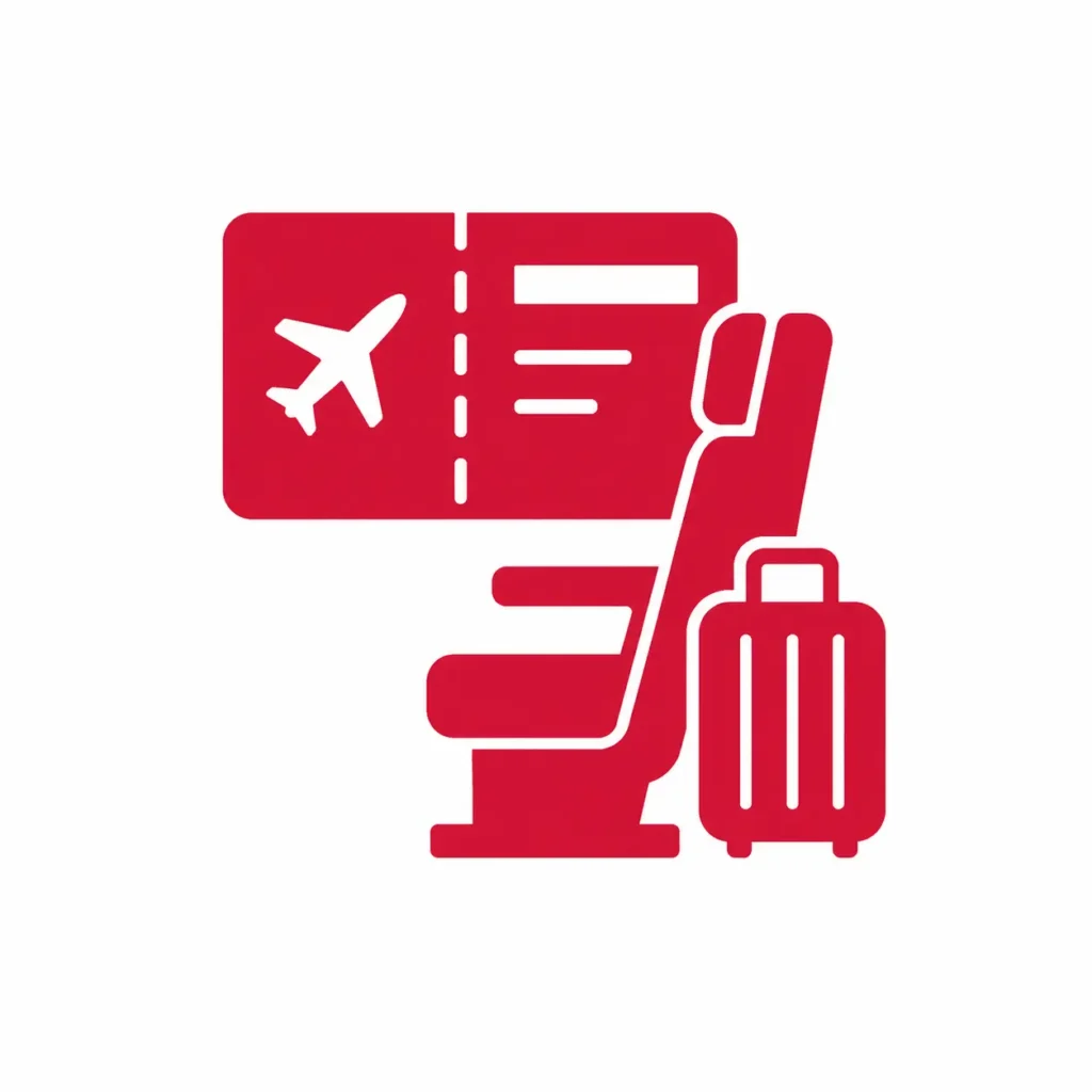 Red flight details icon showing a boarding pass, airplane seat, and luggage, representing seat assignments, group bookings, and baggage planning issues.