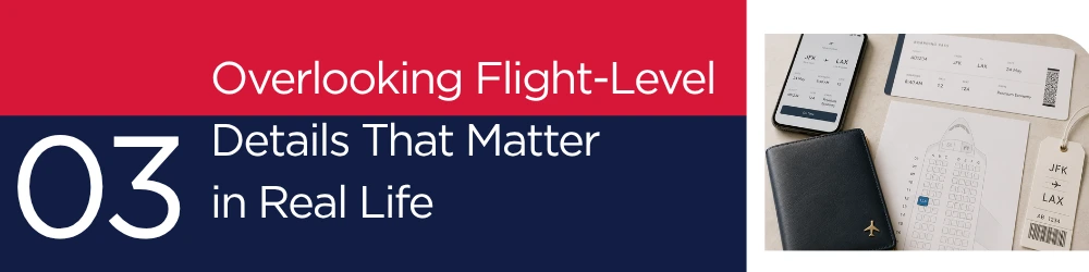 Section graphic for a Fashion Week travel article showing the heading “Overlooking Flight-Level Details That Matter in Real Life” with a flat lay of boarding pass, seat map, baggage tag, phone, and travel wallet