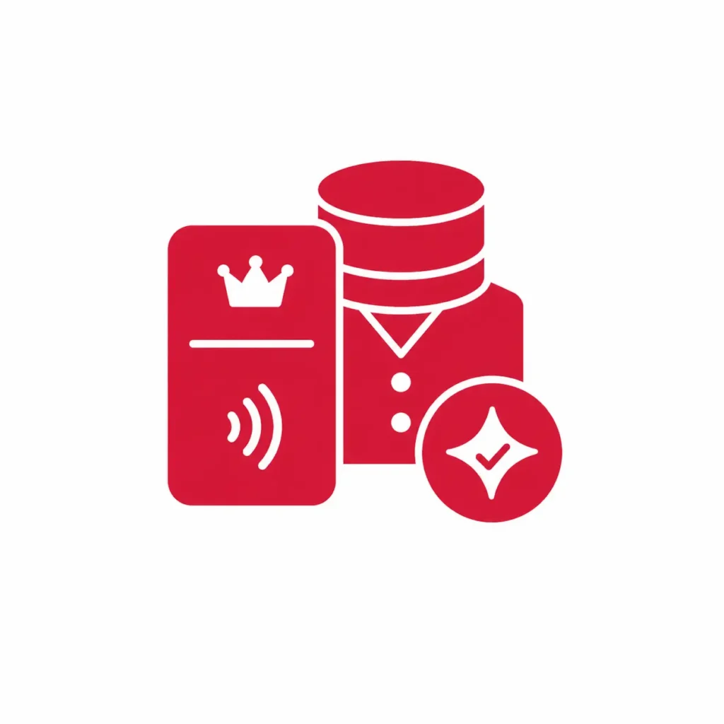 Red concierge and hotel key card icon with a verification badge, representing smooth VIP arrival handling and pre-arranged hotel coordination.