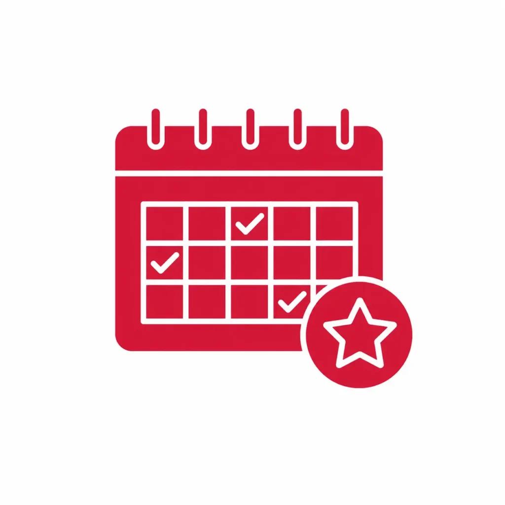 Red calendar icon with checkmarks and a star badge, representing strong teams planning ahead and building flexibility into travel schedules.